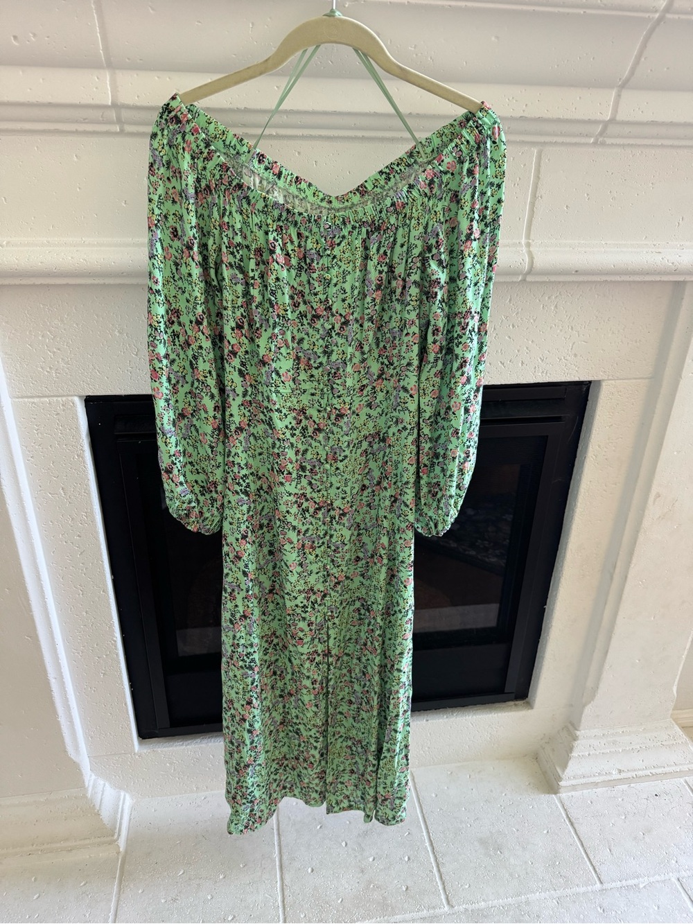 AFRM Mint Green Floral Midi Dress with Off-Shoulder Neckline